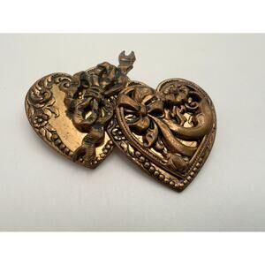 Vintage 1970s Victorian Revival Double Heart Brooch Brass Sentimental Pin